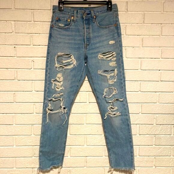Levi’s Premium- 501 S High Rise Skinny Distressed Raw Hem Big E Jeans- Size 26 - Picture 1 of 16
